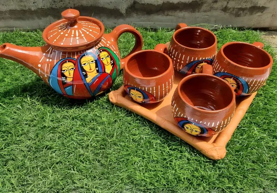 Jamini Roy Style terracotta Tea pot and Cups